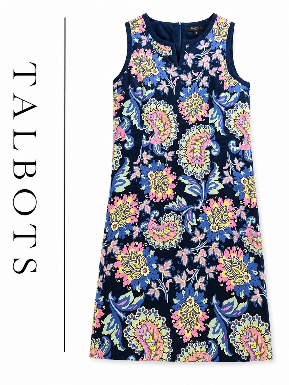 Talbots Navy Floral Paisley Midi Dress with Pink and Yellow Accents